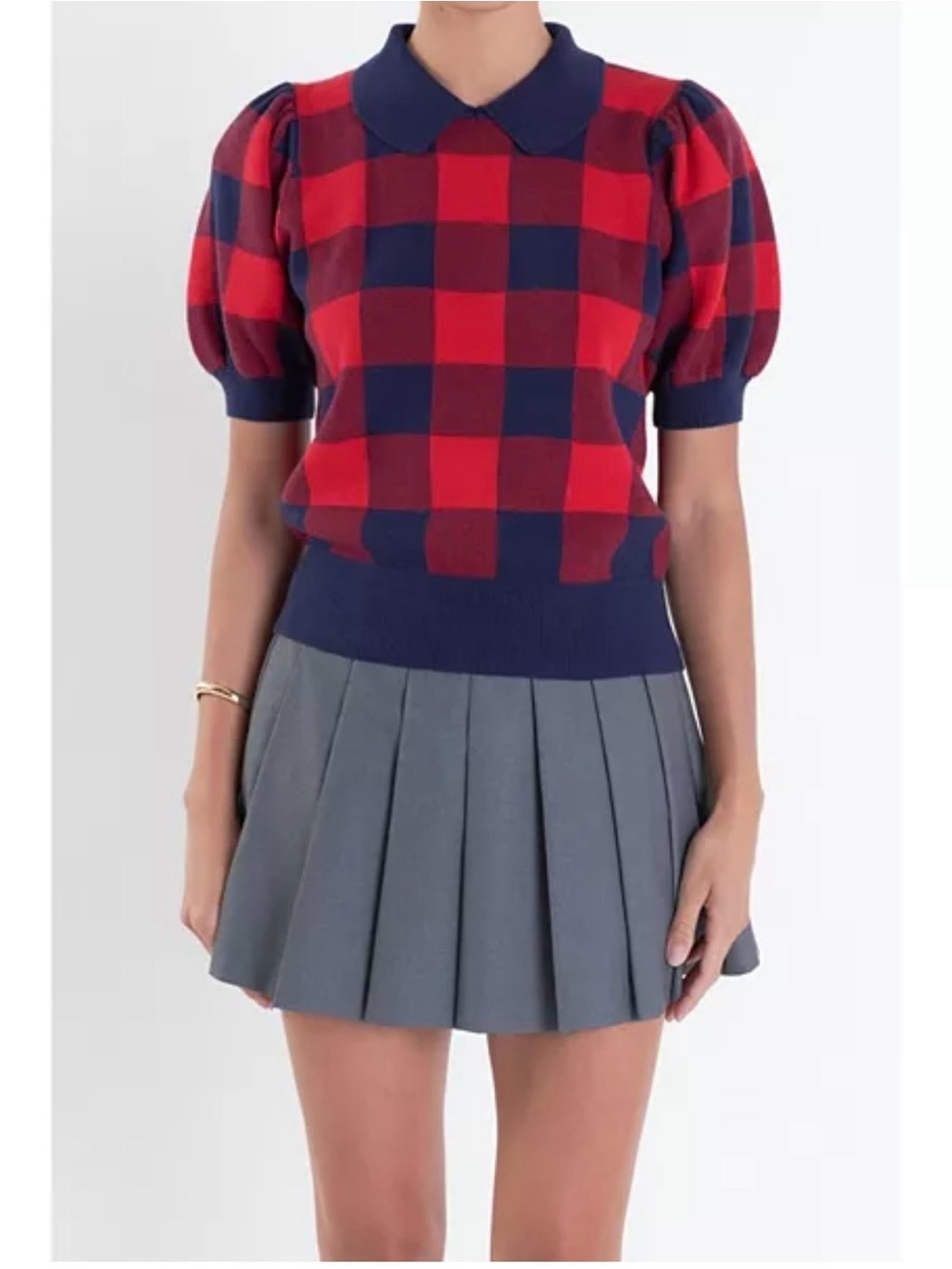 English Factory Gingham Collar Knit Top | Red/Navy | Puff Sleeve | Size L